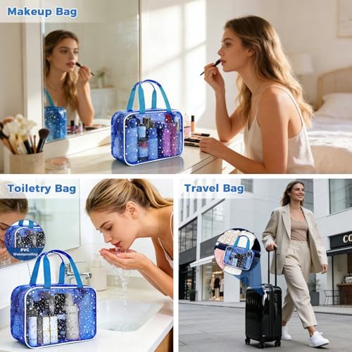 Clear Deep Blue Star Large Makeup Bag with Star Pattern (12x5x8 inches), Travel Cosmetic Bag with Handle, Durable PVC Material, Zipper Opening Design—Ideal for Makeup Travel Organization or Gym Use - Image 5
