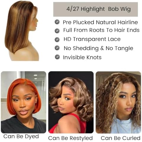 ALHER Short Bob Wig 4/27 Honey Blonde Highlight, 12A Straight Small Cap 13x4 Lace Frontal Wigs Human Hair Pre Plucked With Baby Hair, Small Cap Wig Size 21-21.5 180% Density for Black Women 12 Inch - Image 4
