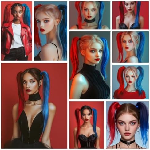 Red/Blue Ponytail Extensions, Girls Hair Accessories Tinsel Extensions With Rubber Band Braiding Ponytail Extensions for Women Halloween Festival Daily Party Rave Wacky Crazy Day Hair Pieces 2pcs/lot - Image 2