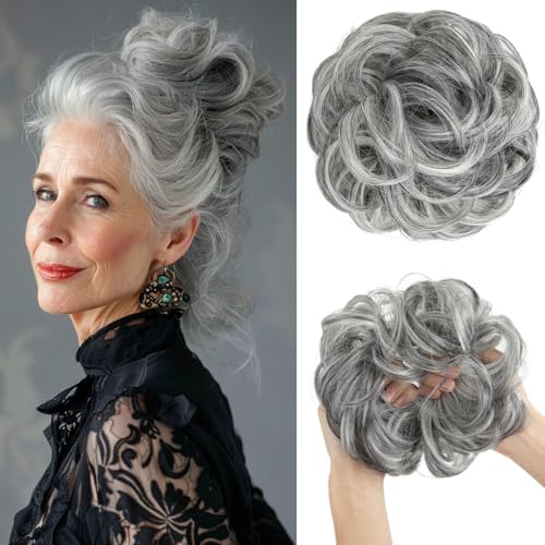 CJL HAIR Large Messy Bun Hair Piece Wavy Curly Scrunchies Synthetic Chignon Ponytail Hair Extensions Thick Updo Hairpieces for Women Dark Grey by CJLHAIR