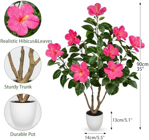 Briful Artificial Hibiscus Tree 2.95ft Tall Real Touch Fake Tree with Pink Flowers Potted Faux Plant Indoor Realistic Floor Plants for Front Porch Outdoor Home, Patio Decor - Image 2