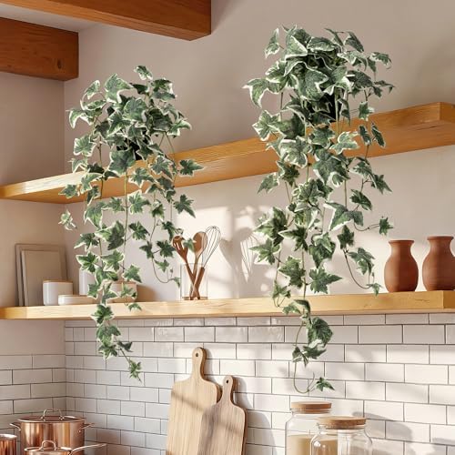 Fake Ivy Hanging Plant - Artificial Plants Indoor with Pots Set of 2, Fake Potted Plants for Outdoor, Silk Faux Greenery Pothos for Wall Tabletop Desk Decor, White Green 33In - Image 3