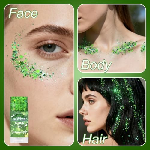Shamrock Green Face Hair Glitter Stick,Holographic Clover Body Glitter Stick,Green Spirit Accessories for Sport Game Day,Waterproof Halloween Glitter Makeup,St Patricks Day Accessories - Image 4