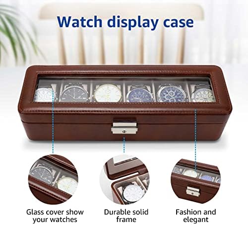 Watch Box for Men, 6 Slot PU Leather Watch Organizer with Glass Lid and Lock, Display Storage Case for Watches, Bracelets & Jewelry, Brown Gift Case Brown - Image 3