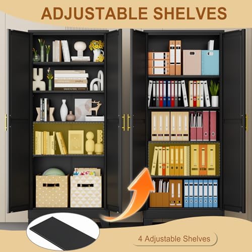 71" Black Metal Storage Cabinet with 2 Doors and 4 Adjustable Shelves,Steel Garage Tool Cabinet, File Cabinet,Kitchen Pantry Cabinet for Home,Office,Garage,School,Warehouse - Image 4