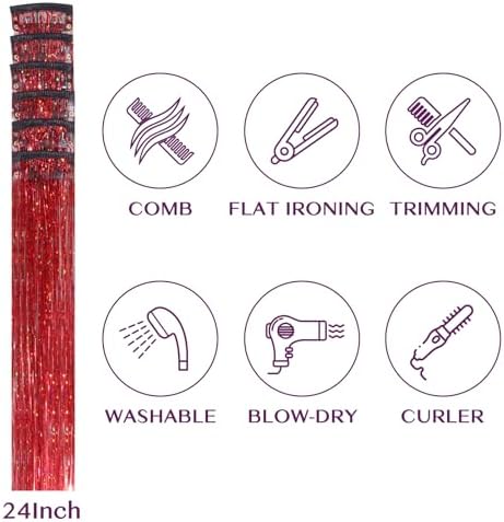 IDN BEAUTY Hair Tinsel Clip In Red Sparkle Hair Extensions 24 Inch 6pcs - Image 3