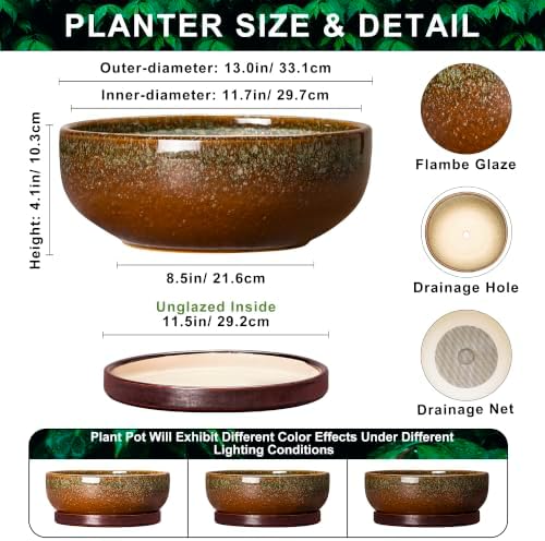 Bonsai Planter, 13 Inch Ceramic Succulent Pots, Speckle Brown - Image 2