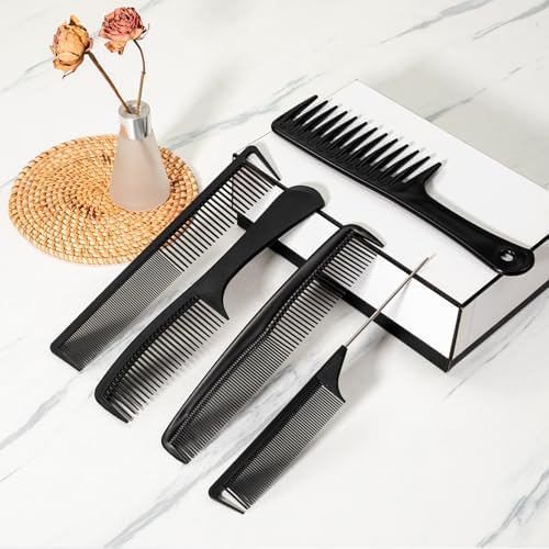 5PCS Hair Comb Set - Professional Wide & Fine Tooth Rat Tail Combs for Men Women，Carbon Fiber Comb for Hair Cutting Styling Braiding Parting Teasing Tools(Black) - Image 6