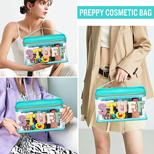 Chenille Letter Clear Makeup Bags Stuff Pouch, Preppy Patch Makeup Bag Zipper with Handle, Transparent PVC & Nylon Waterproof Glitter Cosmetic Handbag Travel Toiletry Storage for Women (STUFF-Green) - Image 5