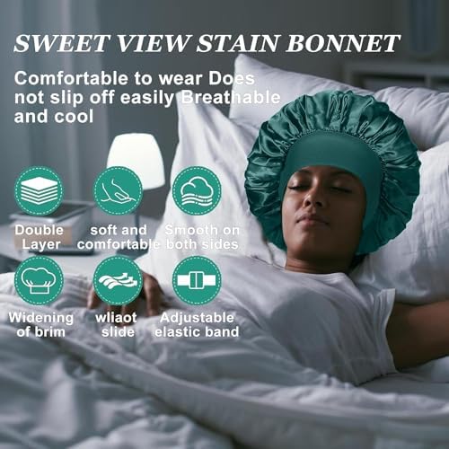4PCS Silk Satin Bonnets for Black Women & Men - Elastic Wide Band Hair Wrap Cap for Curly Hair - Shower Cap for Sleeping (Black, Peacock Blue, Pink, Khaki) - Image 6