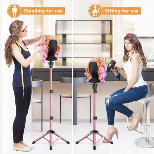 Wig Head Stand 50 Inches, Height Adjustable Tripod Wig Stand, Salon Mannequin Head Stand with Anti-Slip Base for Styling, Display Barber Training, Beauty School (Pink) - Image 6