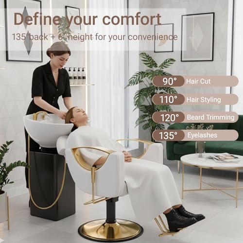 Salon Barber Chair for Hair Stylist, Professional Reclining Hydraulic Styling Chair with Heavy-Duty Pump, All Purpose Hairdresser Chair for Barbershop, Braiding, Shampoo, Spa Equipment, White Gold - Image 4