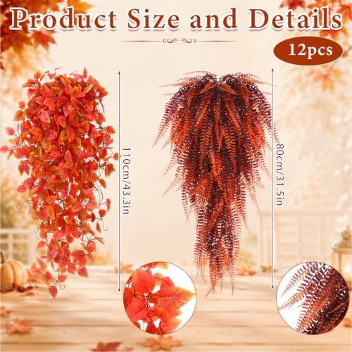Daifunli 12 Pcs Artificial Fall Hanging Plants Fake Hanging Ferns Plastic Autumn Faux Plants for Wall Room Garden Garland Indoor Outdoor Decor No Basket - Image 3