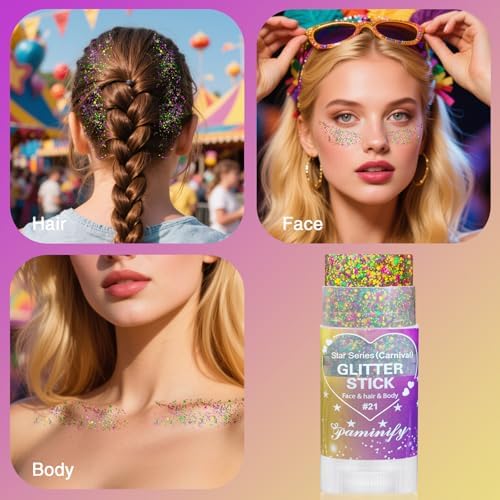 Mardi Gras Hair Face Glitter Stick,Mardi Gras Outfit for Women,Purple Green Gold Body Glitter Makeup,Festival Costume Carnival Accessories Singer Concerts Halloween Chunky Glitter Makeup - Image 4