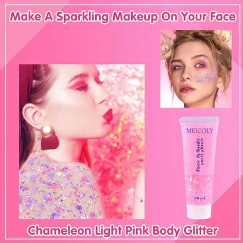 MEICOLY Chameleon Light Pink Body Glitter,Chunky Face Glitter for Halloween,Color Changing Mermaid Face Glitter Gel,Holographic Pink Halloween Hair Glitter for Concerts Festival Party - Image 2