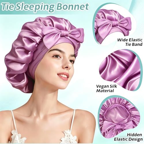 VECIIR Silk Bonnet for Sleeping Women，Hair Bonnet for Sleeping Silk Night Cap for Curly/Natural Hair Skin ‌‌Dusty Lilac, Large - Image 5