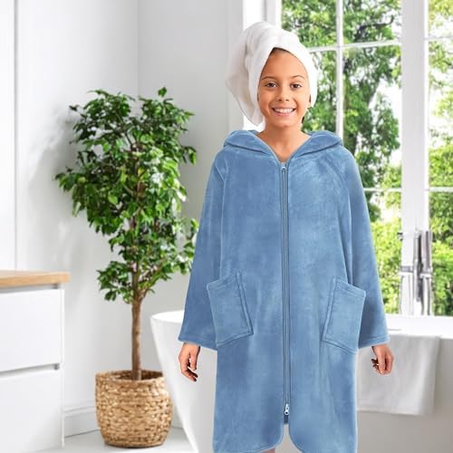 SUN CUBE Kids Hooded Towel Robe, Zip-Up Fleece Swim Cover Up, Ages 7-12 - Image 7
