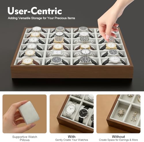 LOYALHEARTDY 24 Grid Watch Jewelry Tray Organizer Wooden Box Organizer Display Tray Watch Bracelet Display Holder with Removable Pillow for Men & Women Storage and Display - Image 4