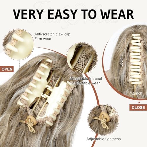FLUFYMOOZ Ponytail Extension, 18 Inch Claw Clip Ponytail Extension, Wavy Curly Claw Clip in Ponytail Hair Extensions, Natural Ponytail Synthetic Hairpiece for Women (Ash Brown with Blonde Highlights) - Image 3