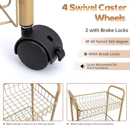 3 Tier Mesh Rolling Utility Cart, Gold Metal Organization Cart with Lockable Wheels, Multifunctional Storage Trolley Service Cart for Kitchen Living Room Office Salon - Image 3