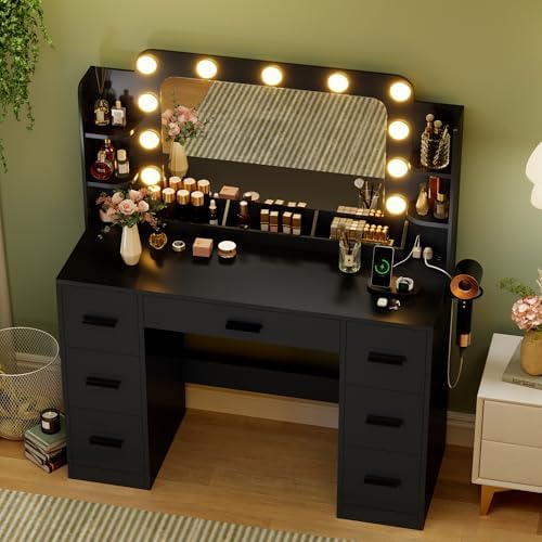 JUMMICO Makeup Vanity Desk with Large Mirror and Lights, Vanity with Power Strip and Hairdryer Holder, 6 Open Shelves and 7 Drawers Modern Dressing Table, for Bedroom (Black) - Image 3