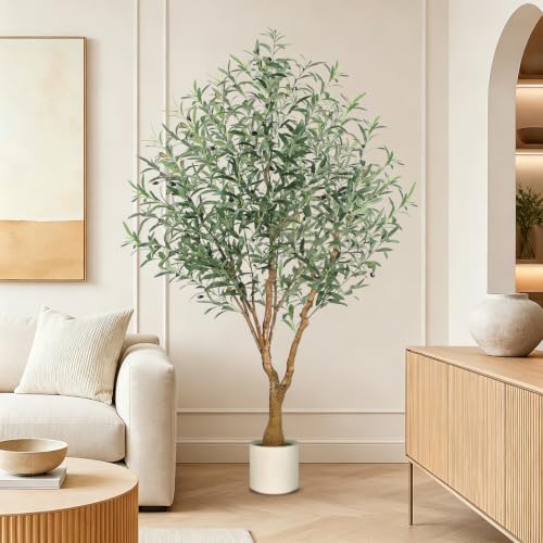 Olive Trees Artificial Indoor, 6FT Faux Olive Tree with White Tall Planter, Full Lush Artificial Plants with Large Olive Branches and Lifelike Fruits for Home Office Decor - Image 3
