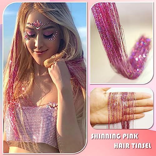 Pink Fairy Hair Tinsel Kit 48 Inches 1200 Strands with Tools and Instruction Easy to Install Glitter Tinsel Hair Extensions for Women and Girls，Shinny Sparkling Braiding Hair Accessories for Halloween Cosplay Party - Image 2