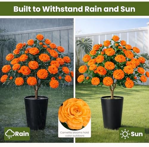 2 Pack 3FT Artificial Camellia Tree with Ground Spike, Full Bloom Fake Camellia Plant Outdoor, Dense Flower Artificial Trees for Front Porch Decor, Patio Garden Yard Decorations, Orange - Image 2