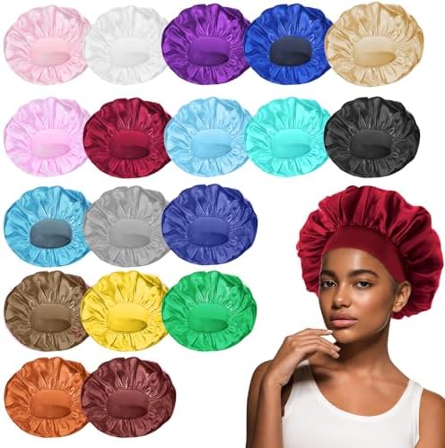 WLLHYF 18 Pcs Satin Bonnets for Sleeping, Large Silk Bonnet Wide Band Hair Bonnet Soft Elastic Hair Wrap Cap Silky Shower Cap for Black Women Men Curly Hair by WLLHYF