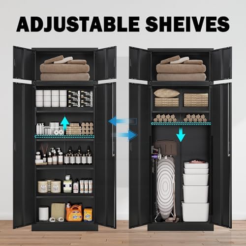 Wanfu Metal Storage Cabinet, 87" H x 32" W x 16" D Locking Storage Cabinets with 4 Adjustable Shelves and Top Cabinet for Office, Garage, Home-Black - Image 7