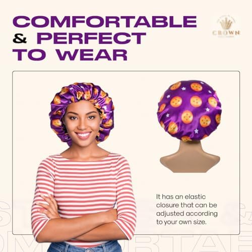 Silky Design Bonnet with Elastic Soft Band Adjustable Women and Men Bonnets for Sleeping Comfortable Satin Fabric (Purple Stars) - Image 4
