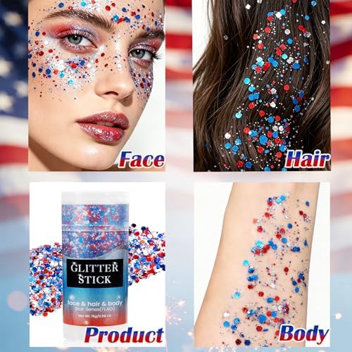 Go Ho 4th of July Red White and Blue Face Hair Body Glitter Stick + 6 Pcs Flag Glitter Freckle Face Tattoos,250 Anniversary USA Merchandise,Patriotic Independence Day Decorations Outfits for Women - Image 7