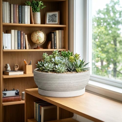 13 Inch Ceramic Bonsai Pots with Saucer, Brushed Grey - Image 4
