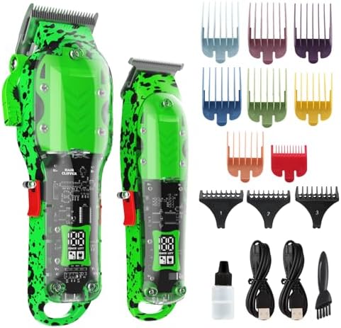 Professional Hair Clippers for Men, Cordless Barber kit for Hair Cutting & Grooming, Hair Clippers and Trimmer Set for Barber Haircut with LED Display, 8 Fade Taper Combs(Green Set) by Tuanchuanrp