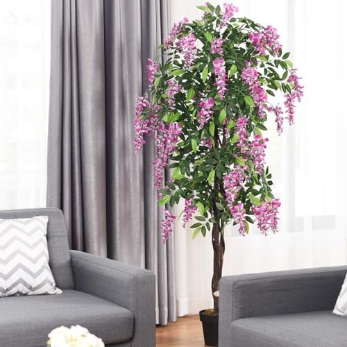 Goplus 6FT Ficus Artificial Tree, 2 Pack Fake Wisteria Tree in Nursery Pot, Greenery Faux Floor Plant, Tall Artificial Plants for Indoor Outdoor Bedroom Living Room Decor - Image 3