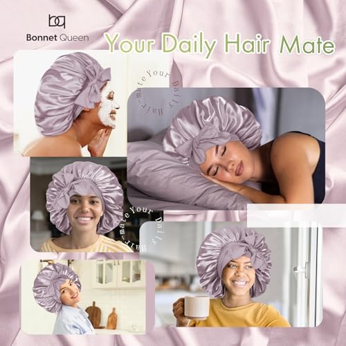 BONNET QUEEN XL Large Silk Bonnet for Sleeping for Women Big Satin Bonnet Night Cap for Curly Hai rwith Tie Band, Single Layer, Large, Rose Gold - Image 2