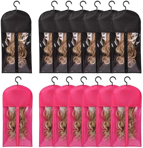 Wig Hangers Set - Premium Dust-Proof Wig Storage Bags with Hooks for Hair Extensions, Wig Organizer for Wig Bags Storage with Hanger,Space-Saving Wig Storage Solution(6PCS Black & 6PCS Hot Pink) by KneysanMakeYourLifeBetter