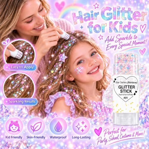 Rainbow White Hair Glitter Stick for Kids, Face Body Glitter Stick for Halloween Mermaid Fairy Costume Makeup, Chunky Sequins Rave Outfit for Women, Mardi Gras Accessories, Cheer Concert Cosplay - Image 3
