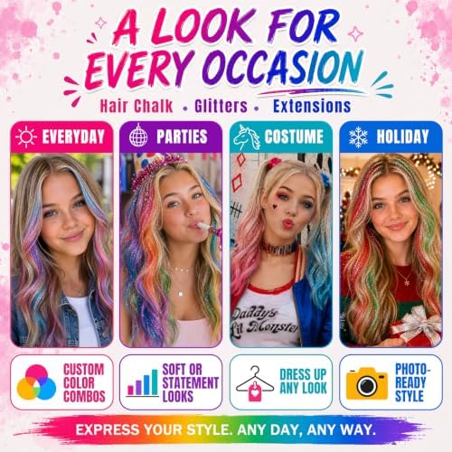 Jim&Gloria Dustless Hair Chalk for Girls Washable with Clip in Hair Extensions, Brushes and Glitters, Temporary Color Dye, Gifts for Teen Girl Trendy Stuff, Teenage 7 8 9 10 11 12 13 14 Year Old - Image 5