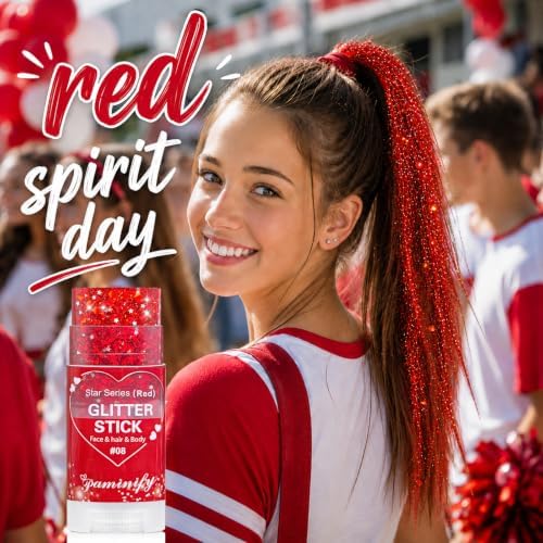 Red Body Hair Glitter Stick for Kids,Cheer Face Glitter Stick,Waterproof Red Spirit Day Accessories for Football Game Day,Halloween Cosplay Rave Carnival Concert Party Shimmer Makeup - Image 2