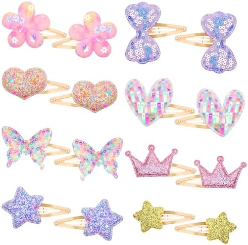 Gingbiss Hair Clips Set: 16 Sparkly Metal Snap Barrettes for Girls, Flower/Star/Crown/Heart/Butterfly Shaped Styling Accessories by Gingbiss