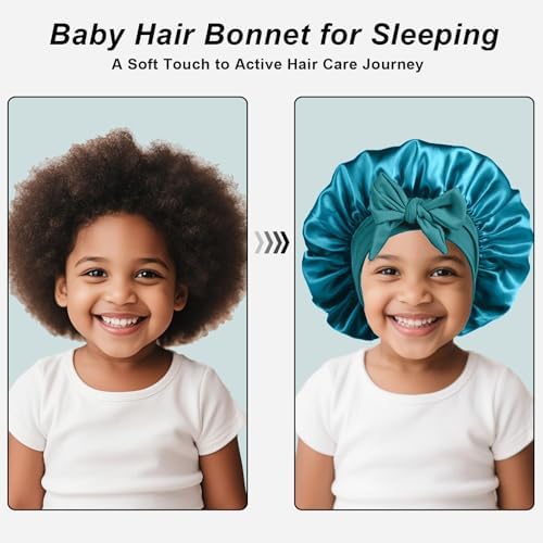 3 Pcs Kids Silk Bonnet for Sleeping - Baby Satin Bonnet for Sleeping,Kids Hair Bonnets for Curly Hair Girls Boys with Wide Elastic Band,Sleep Cap for Teens Toddler Child (Peacock Blue+Black+Beige) - Image 6