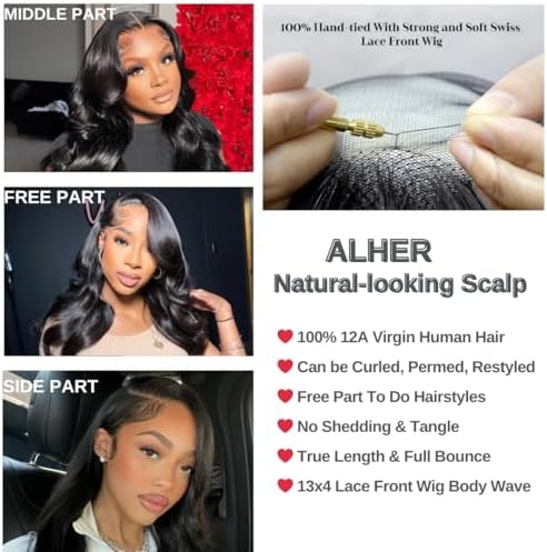 ALHER Small Cap Lace Front Wigs Human Hair Pre Plucked Body Wave 30 Inch, 13X4 HD Transparent Frontal Wigs 200 Density for Women,Small Cap Size 21-21.5 Natural Black Wavy Wig for Women - Image 3