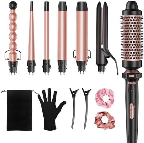 Ufree 7-in-1 Curling Iron Set with Interchangeable Ceramic Barrels, Curling Wand Set with Thermal Brush, Hair Straightener and Wand Curling Iron, Versatile Styling Hair Curlers Set, Gifts for Women by Ufree