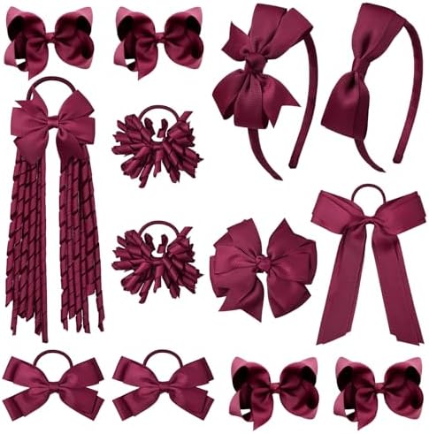 DEEKA Burgundy School Hair Accessories Set 13 Pcs Uniform Hair Bow Headband Clips Hair Ties Curly Korker Bows for Little Toddler School Girls (Burgundy) by DEEKA