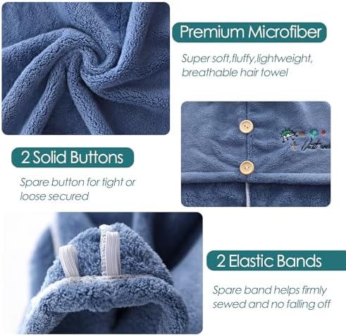Microfiber Hair Towel Wrap for Women Girls w/ Embroidery,2 Pack, Blue+Khaki - Image 3