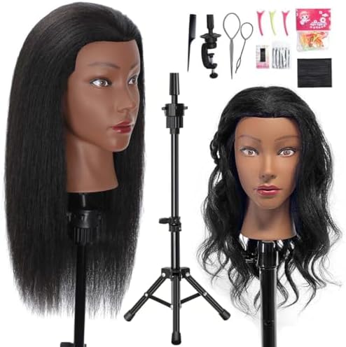 Mannequin Head Human Hair with Tripod Stand 100% Real Hair Doll Head by MQHIHI