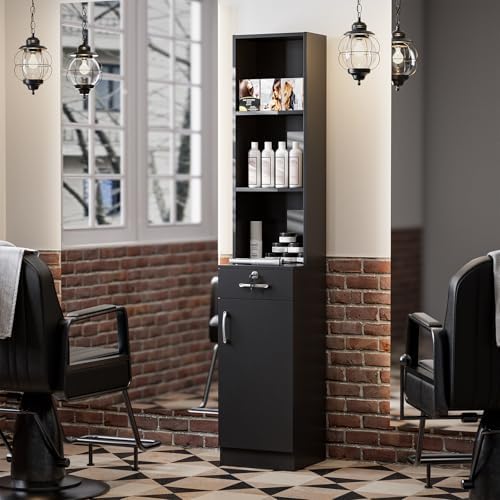 Wall Mount Salon Stations for Hair Stylist, Hair Salon Storage Cabinet, Beauty Barber Station with Lockable Drawer, Shelves, Storage Cabinet, Black - Image 2