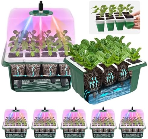 5PCS 60 Cell Self Watering Seed Starter Tray with Grow Light, Reusable Silicone Seed Starter Kit with Humidity Dome, 60 Cells Plant Germination Trays for Seeding Planting Growing（5-Pack 60-Cell） by GrowYourGreenParadise