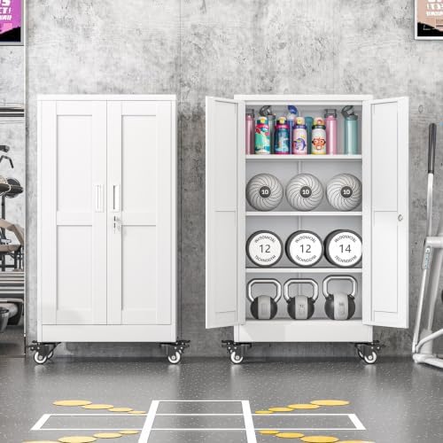 45.6" Metal Garage Storage Cabinet with Wheels and Locking Doors and Tall Rolling Steel Tool Cabinet with 3 Adjustable Shelves for Garage,Home,Office,Shop (White, 45.6''H x 23.7''W x11.8''D) - Image 5